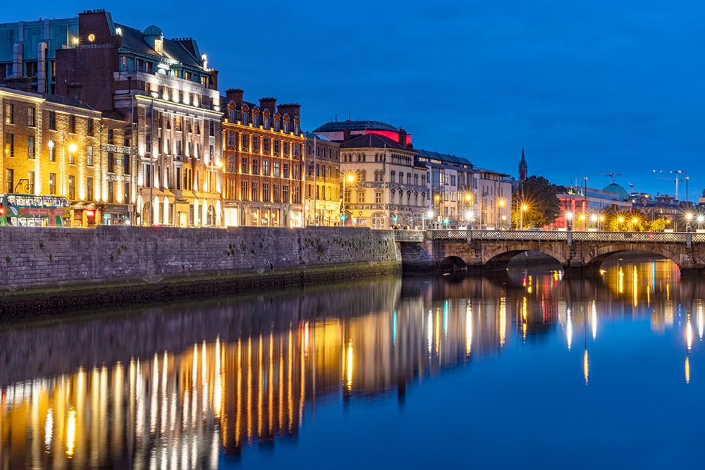 Dusk along Wellington Quay and the River Liffey in downtown Dublin-Ireland